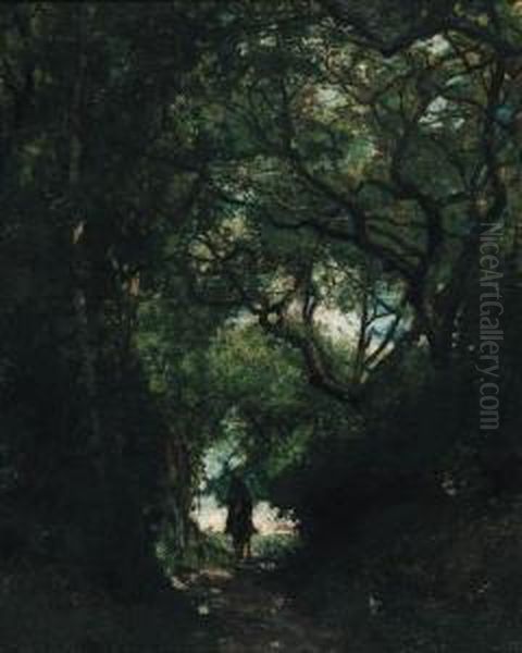 Paysage Sous Bois - A Horserider On A Path In A Dense Forest Oil Painting by Hippolyte Boulenger