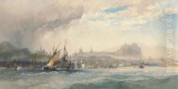 A stiff breeze off Leith with a panorama of Edinburgh beyond Oil Painting by Charles Bentley