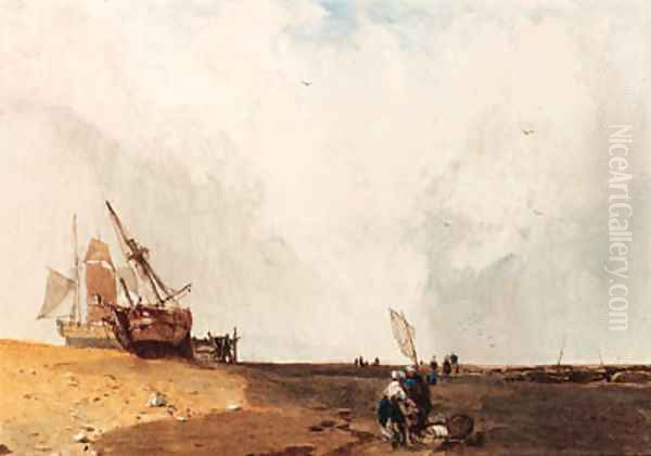 Fishing vessels, with fisherfolk in the foreground Oil Painting by Charles Bentley