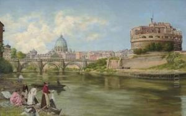 Vue Sur Le Tibre A Rome Avec Chateau Et Le Pont Saint-ange Oil Painting by Abel Boulineau