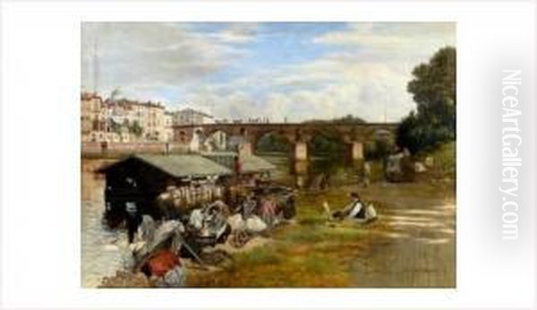 Le Pont-vieux A Montauban Ou Bateau-lavoir Sur Le Tarn Oil Painting by Abel Boulineau