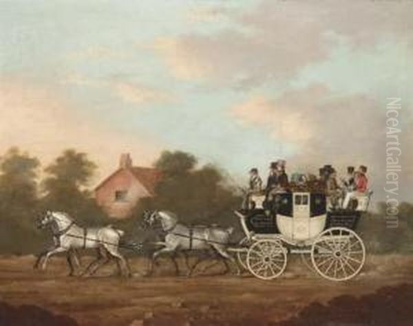 The Newbury Coach Drawn By Four Grey Mares Oil Painting by Augustus S. Boult