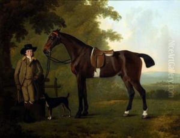 A Young Heir And Stallion, Standing Under A Tree With His Terrier Oil Painting by John Boultbee