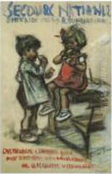 Secours National. Entr'aide 
D'hiver Du Marechal. Distribution Chaque Jour Aux Enfants De Milliers De
 Biscuits Vitamines. Oil Painting by Germaine Bouret