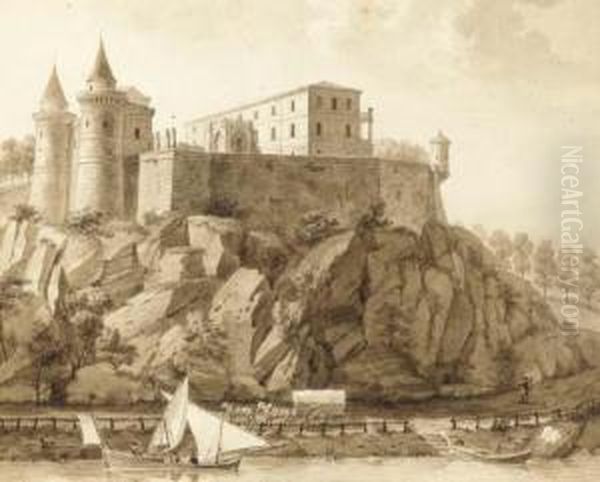 A Fortified Castle On A Cliff Along A River Oil Painting by Constant Florent F. Bourgeois Du Castelet