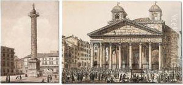 Trajan's Column; The Pantheon Oil Painting by Constant Florent F. Bourgeois Du Castelet