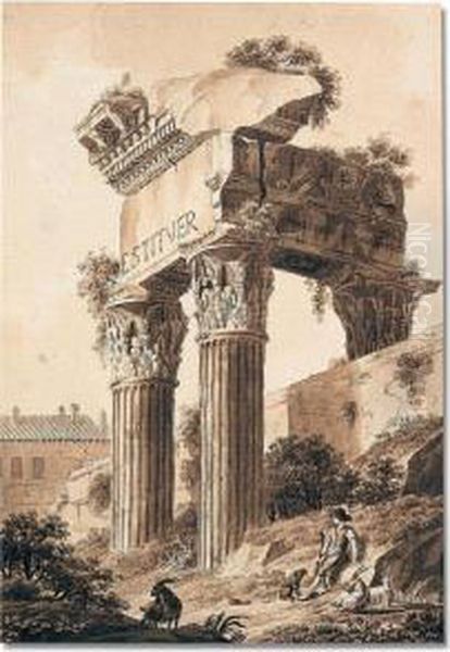 The Ruins Of The Temple Of Jupiter Oil Painting by Constant Florent F. Bourgeois Du Castelet