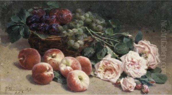 Basket Of Fruit And Roses Oil Painting by Pierre Bourgogne