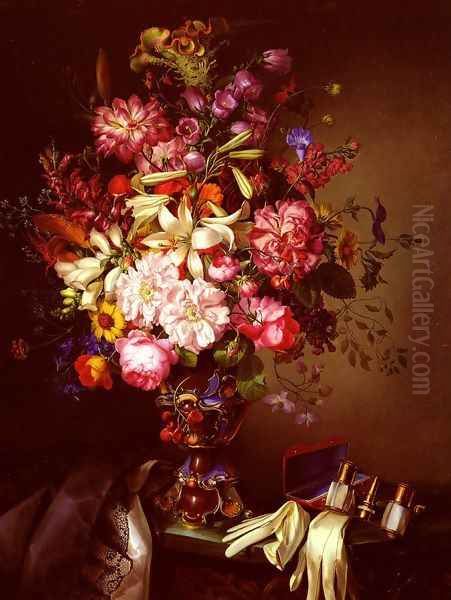 Still Life With A Vase Of Flowers And Opera Glasses Oil Painting by Leopold Brunner, Snr.