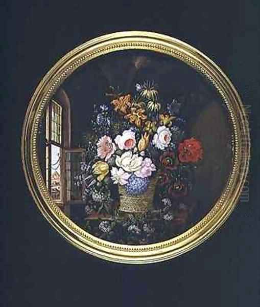 Flowers by an Open Window Oil Painting by Leopold Brunner, Snr.