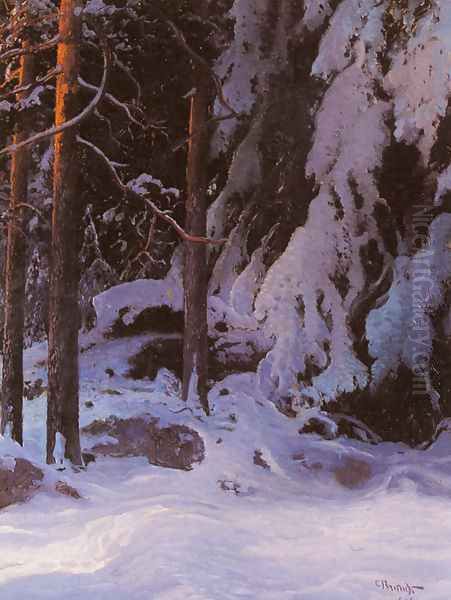 A Snow Covered Forest Oil Painting by Carl Brandt