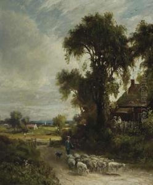 Shepherd And Sheep In Landscape Oil Painting by Dewitt Clinton Boutelle