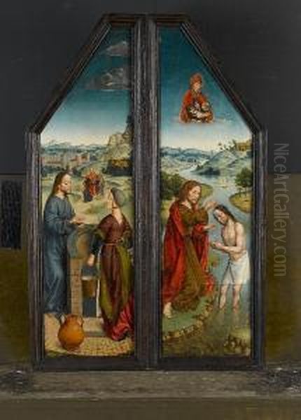 The Wings Of A Triptych: The Baptism Of Christ; And Christ And The Woman Of Samaria Oil Painting by Albrecht Bouts