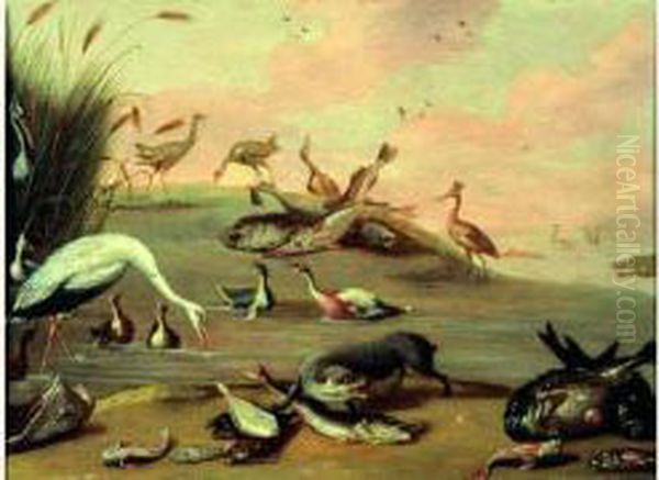 Poissons Et Oiseaux Sur Un Rivage Oil Painting by Jacob Bouttats