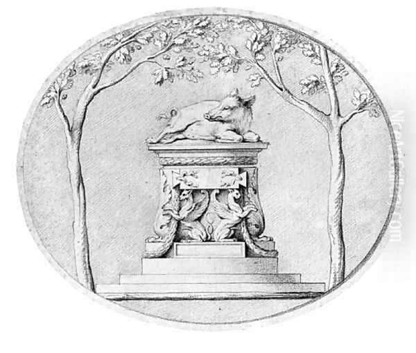 A Boar on a Pedestal decorated with two Griffins, flanked by trees by Edme Bouchardon