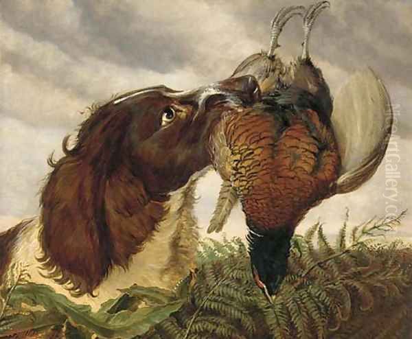 A spaniel with a pheasant Oil Painting by Ashburnham H. Bulley