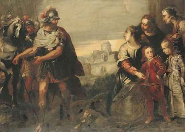 Volumnia with her sons before Coriolanus, the Castel Sant'Angelo beyond Oil Painting by Bartolomeo Biscaino