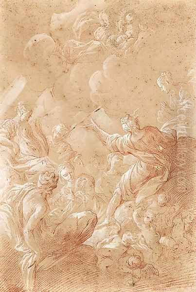 The Madonna and Child appearing to female Saints seated on Clouds with Putti Oil Painting by Bartolomeo Biscaino