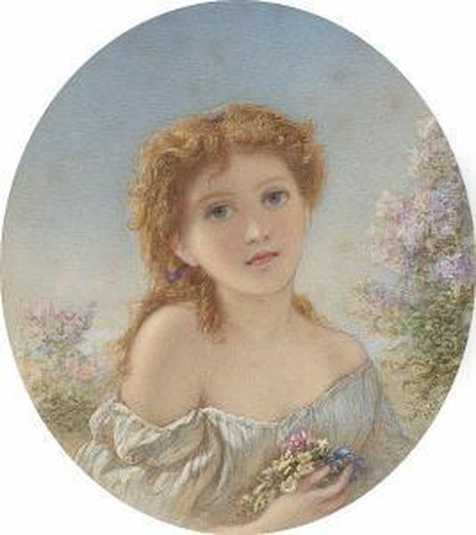 A Young Girl With Spring Flowers Oil Painting by Auguste Jules Bouvier, N.W.S.