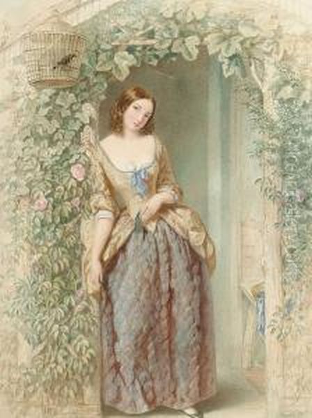 A Pretty Young Woman Standing At A Cottage Door Oil Painting by Auguste Jules Bouvier, N.W.S.