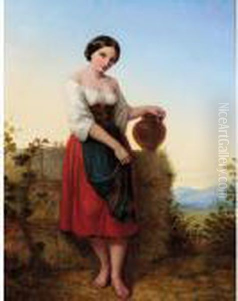 Girl With Water Jug Oil Painting by Auguste Jules Bouvier, N.W.S.