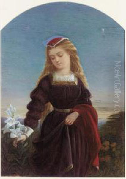 Girl With A Lily Beneath The Evening Star Oil Painting by Auguste Jules Bouvier, N.W.S.