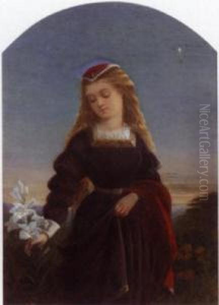 Girl With A Lily Beneath The Evening Star Oil Painting by Auguste Jules Bouvier, N.W.S.