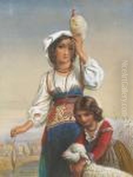 Italian Peasant Girls With A Lamb Oil Painting by Laurent Joseph Daniel Bouvier