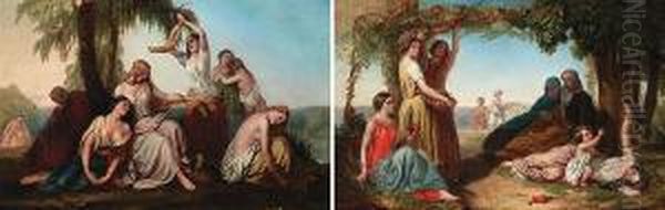 Maidens Reclining (#) Maidens Gathering Fruit Oil Painting by Laurent Joseph Daniel Bouvier