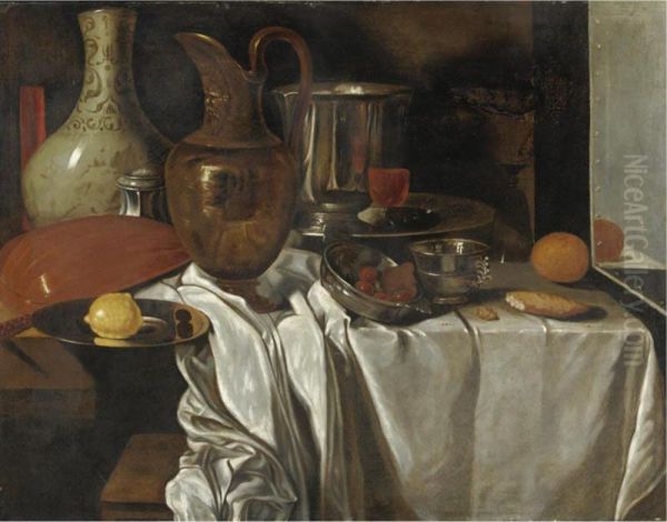 Natura Morta Con Una Brocca, Un 
Vassoio Con Un Limone, Un Liuto, Unrecipiente In Maiolica E Altri 
Oggetti Su Un Tavolo Oil Painting by Andre Bouys