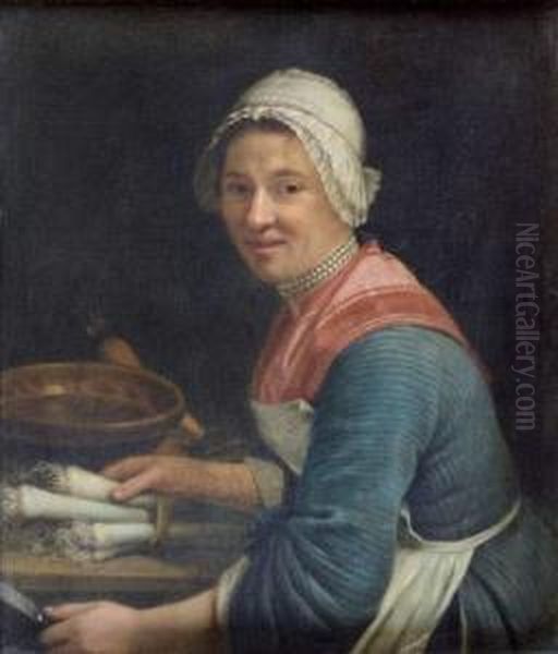 Une Cuisiniere Preparant Des Legumes Oil Painting by Andre Bouys