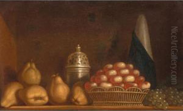 A Still Life Of Apples In A 
Wicker Basket, Together With Pears, Peaches And A Silver Sugar Caster Oil Painting by Andre Bouys