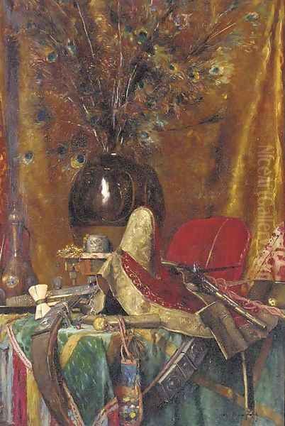 A vase of peacock feathers, assorted swords, a pistol, a saddle and other orientalist objects on a table Oil Painting by Maurice Bompard