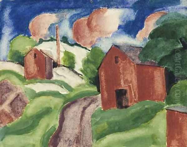 Red Barn Oil Painting by Oscar Bluemner