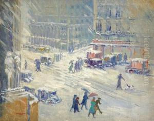 New York City In Snow Oil Painting by Harriette Bowdoin