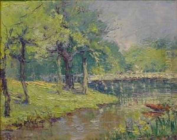 Footbridge Over The Stream Oil Painting by Harriette Bowdoin