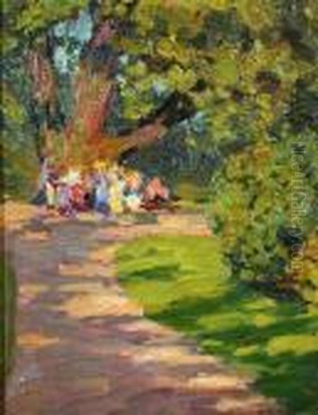 Women And Children In Central Park Oil Painting by Harriette Bowdoin