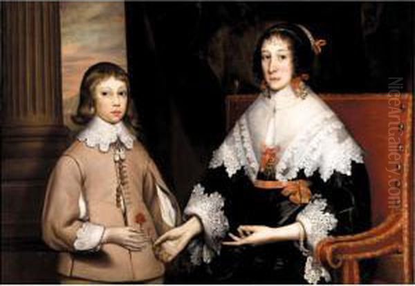 Portrait Of A Lady And Her Son, 
Both Half Length, She Seated Wearing A Black Dress With White Lace 
Collar And Cuffs With Red Ribbons, Handing A Carnation To Her Son Who 
Wears A Buff Tunic With White Lace Collar And Cuffs Oil Painting by Edward Bower