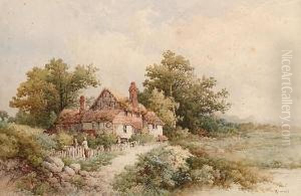 Figures By A Cottage On A Summer's Day. Oil Painting by Stephen J. Bowers