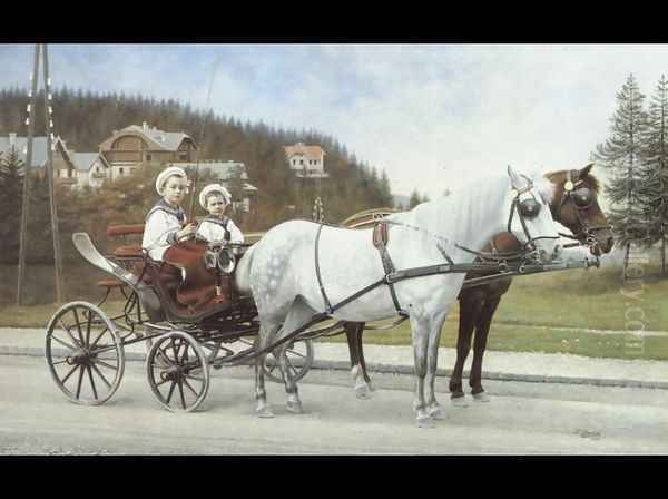 Young Boys In A Horse-drawn Carriage Oil Painting by Karl Buchta