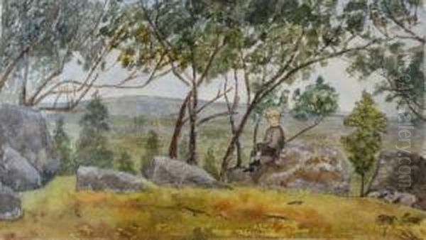 Boy Sitting On Rock In Theharkaway Landscape Oil Painting by Emma Minnie Boyd