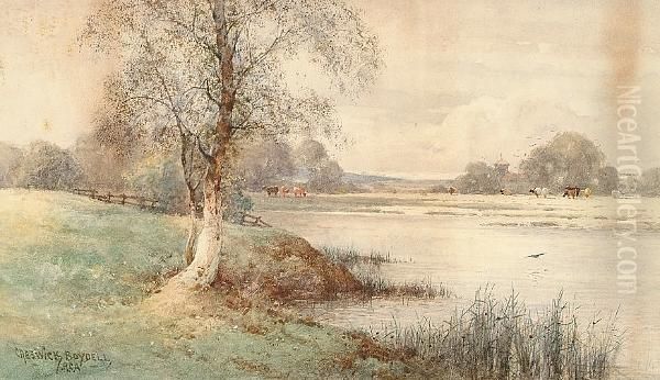 A River Landscape With Water 
Meadows Beyond; Cottages In A Country Landscape With Cattle Grazing Near
 By Oil Painting by Creswick Boydell