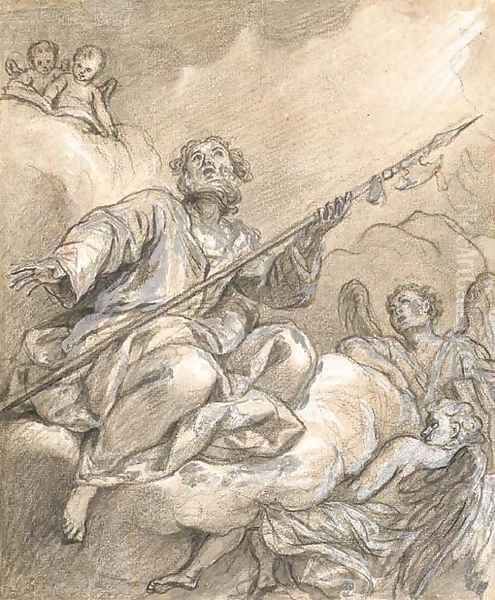 Saint Thomas looking upwards, seated on a cloud held by two angels, two putti reading a book above Oil Painting by Bon Boullogne