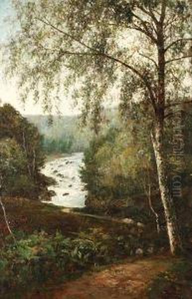 Wooded Riverside Path, And Another Similar A Pair Oil Painting by George Boyle