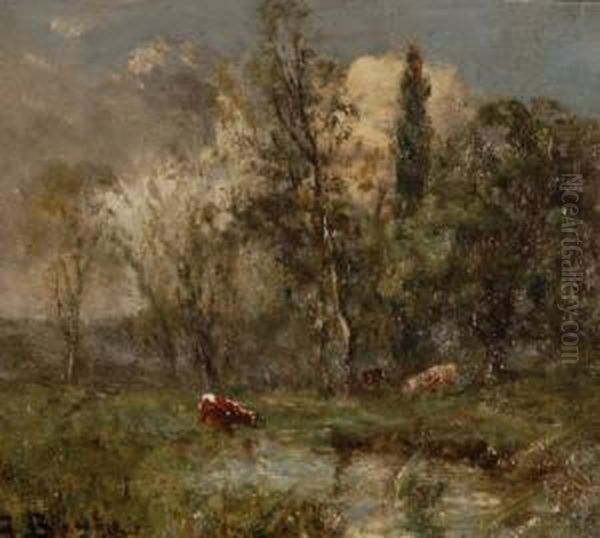 Cattle On A Riverbank Oil Painting by George Boyle