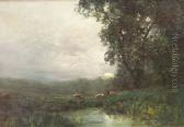 Cattle Watering At Dusk Oil Painting by George Boyle