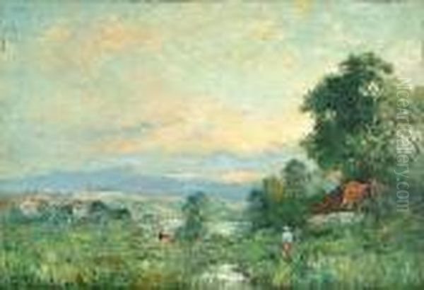 Figures In A Landscape With A Town In The Distance; & A Companion Oil Painting by George Boyle