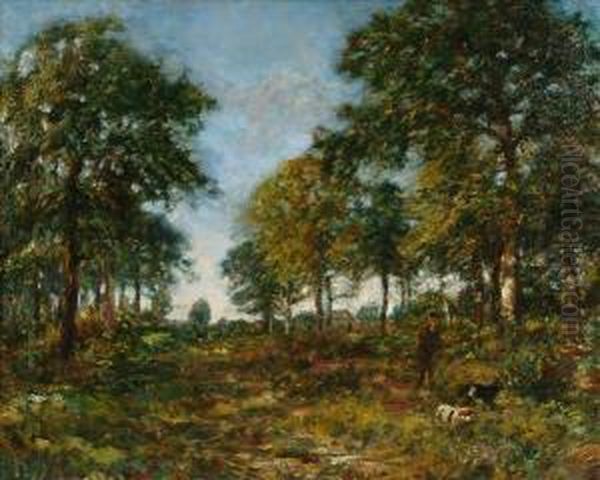 Walking And Dogs In A Woodland Ride Oil Painting by George A. Boyle