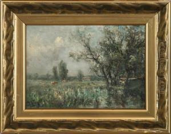 Landscape With Cows And A House. Signed Monogram Oil Painting by George A. Boyle