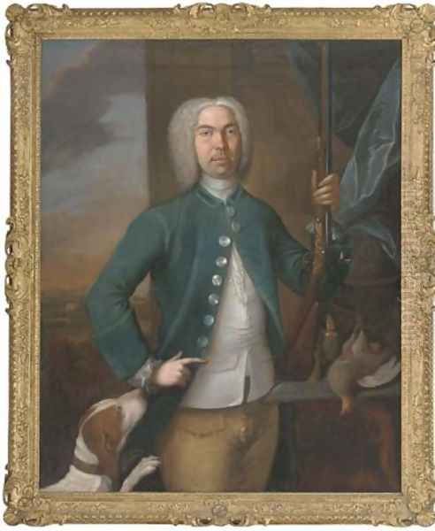 Portrait of a gentleman, holding a gun in his left hand, a dog to his side, with a partridge and casket of gun-powder on a ledge, an extensive landscape beyond, 1731 Oil Painting by Richard van Bleeck